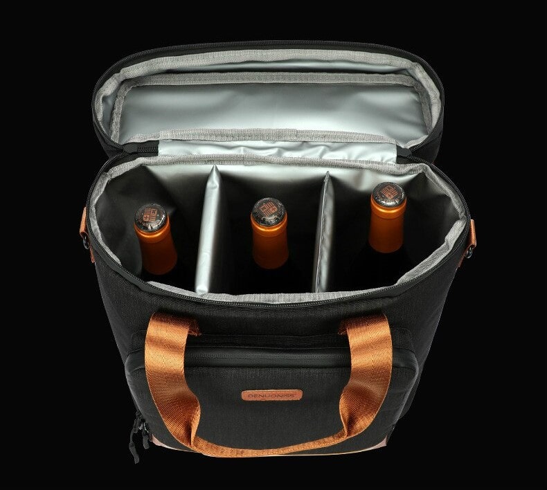 Sac isotherme pour le transport de bouteilles, équipé de compartiments pour maintenir la température, avec des poignées confortables et un intérieur en aluminium.
