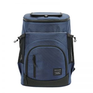 Sac à dos isotherme bleu, idéal pour garder les aliments et boissons au frais, avec plusieurs compartiments de rangement et des poches en mesh.