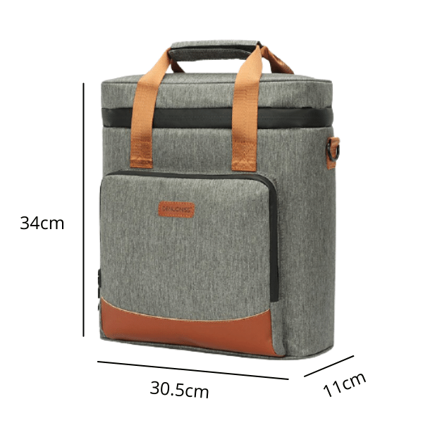 Sac isotherme élégant en tissu gris avec des anses en cuir synthétique, dimensions 34cm de hauteur, 30.5cm de largeur et 11cm de profondeur, idéal pour conserver vos boissons et aliments au frais.