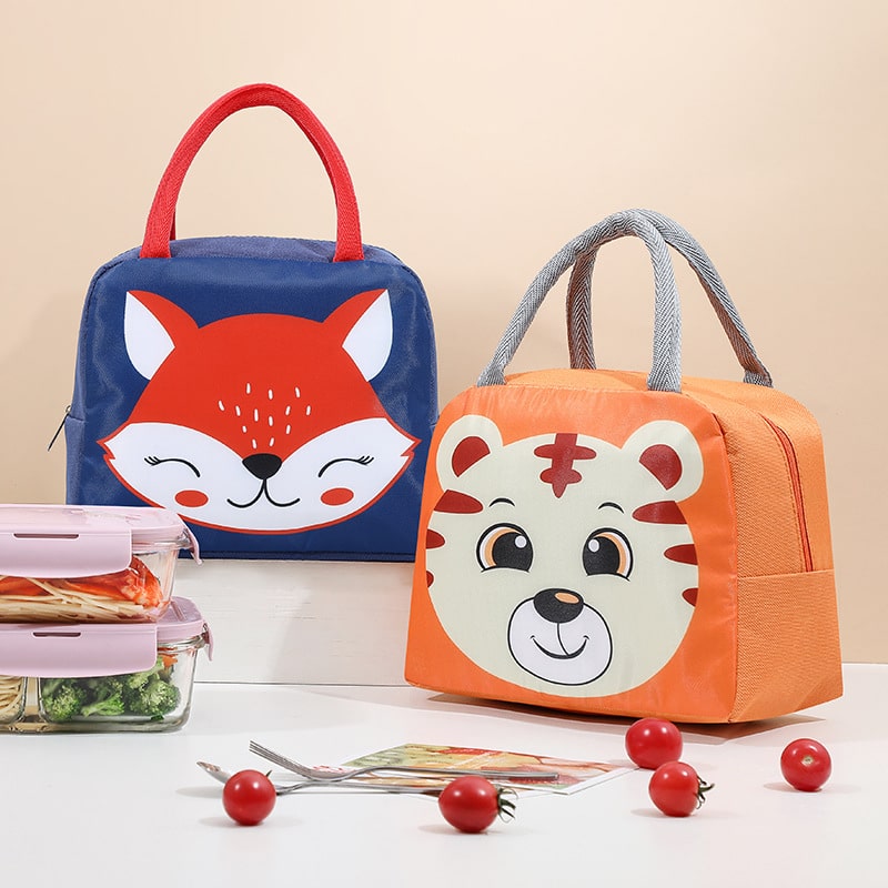 sacs isothermes colorés pour enfants avec motifs de renard et de tigre, idéaux pour le déjeuner et les sorties, avec poignées pratiques et design ludique