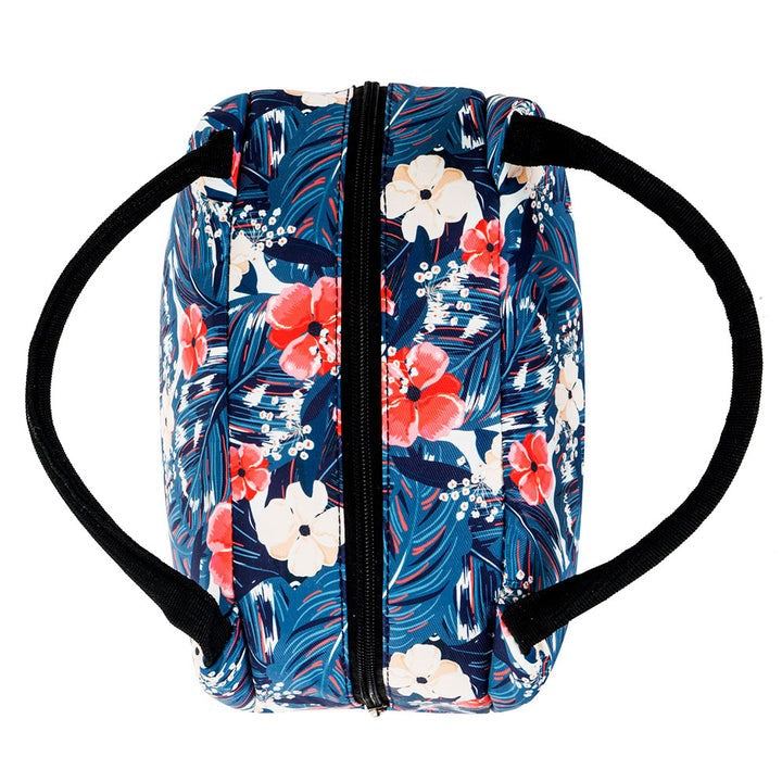 Sac isotherme à motifs floraux, conçu pour garder les aliments et boissons au frais, avec une fermeture éclair et des poignées pour un transport facile.