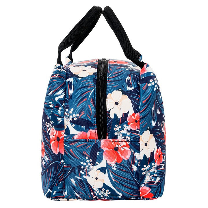 Sac isotherme à motifs floraux, idéal pour le transport d'aliments et de boissons, avec fermeture éclair et poignées pour un transport facile.