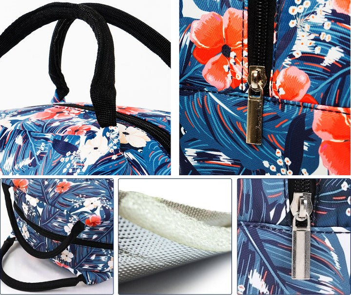 Sac isotherme à motifs floraux avec fermeture éclair, conçu pour garder les aliments et boissons au frais, doté de poignées robustes pour un transport facile.