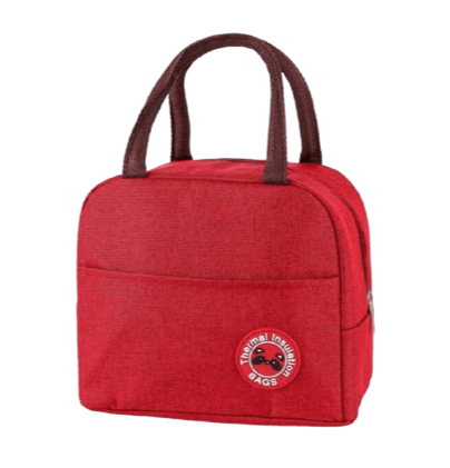 sac isotherme rouge avec poignées et poche avant, idéal pour le transport de nourriture et de boissons, design pratique et élégant
