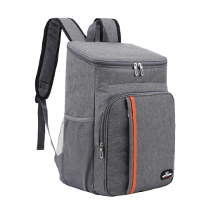 Sac à dos isotherme gris avec compartiment principal zippé, poche frontale et filet latéral pour bouteille.