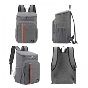 Sac à dos isotherme en polyester gris avec poches extérieures et fermeture éclair, idéal pour conserver la température des aliments et des boissons.