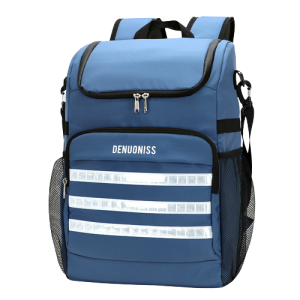 Sac à dos isotherme bleu avec bandes réfléchissantes, idéal pour le transport de repas et boissons, conçu pour maintenir la température des aliments.