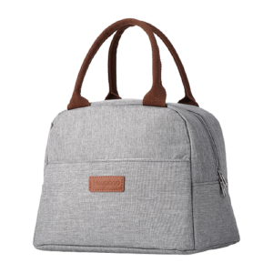 sac isotherme en tissu gris avec anses marron, idéal pour conserver les aliments et boissons à température, design moderne et pratique pour les sorties et pique-niques