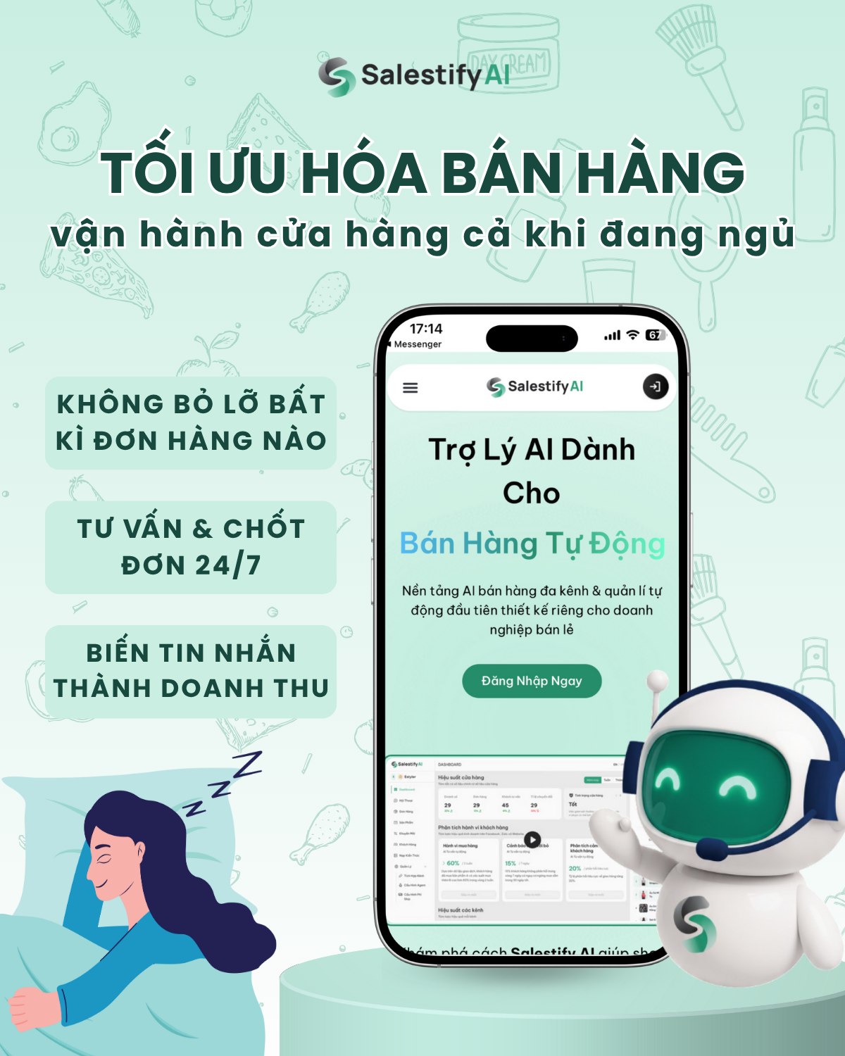 Salestify AI được xây dựng để bán hàng, chăm khách, và tối ưu hiệu suất toàn bộ đội ngũ kinh doanh. Salestify AI được xây dựng để bán hàng, chăm khách, và tối ưu hiệu suất toàn bộ đội ngũ kinh doanh.