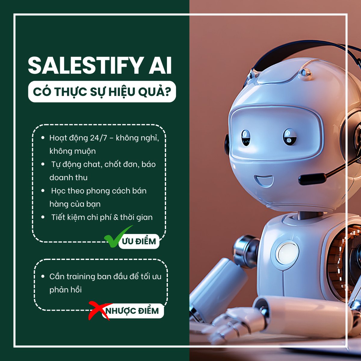 AI Sales bán hàng lo 80% việc thủ công, nhân viên tập trung chăm khách và xử lý tình huống khó. AI Sales bán hàng lo 80% việc thủ công, nhân viên tập trung chăm khách và xử lý tình huống khó.