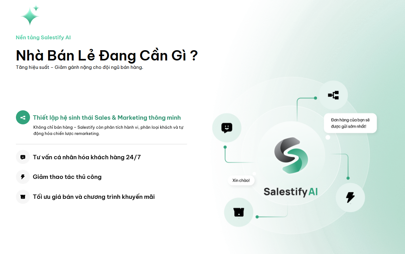 Salestify AI – Chatbot bán hàng doanh nghiệp là lựa chọn đáng cân nhắc cho các doanh nghiệp muốn khởi đầu hành trình chuyển đổi số với chi phí hợp lý Salestify AI – Chatbot bán hàng doanh nghiệp là lựa chọn đáng cân nhắc cho các doanh nghiệp muốn khởi đầu hành trình chuyển đổi số với chi phí hợp lý