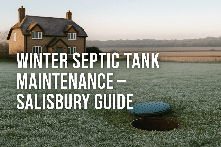 A rural Salisbury home surrounded by frosty fields with a closed septic tank cover, representing winter septic tank maintenance and drainage care.
