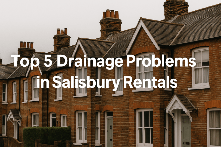 Professional image showing Salisbury rental houses with text overlay promoting Salisbury Drains24’s expert solutions for blocked drains and drain services in Salisbury.