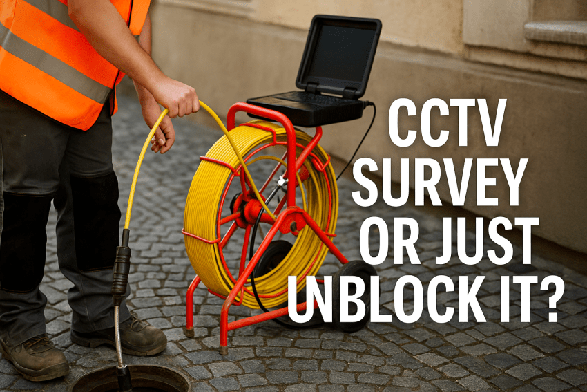 A drain technician performing a CCTV drain survey in Salisbury to diagnose a blocked drain, with inspection equipment in use beside a residential property. Text overlay reads “Drain Diagnostics or Unblocking? CCTV Survey in Salisbury”.
