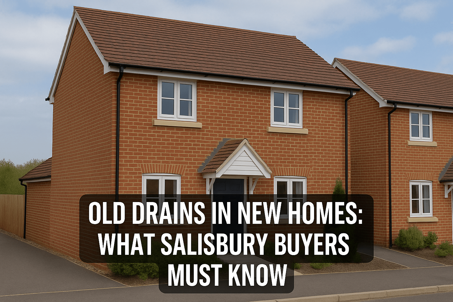 A red-brick new-build house in Salisbury with bold white text overlay reading “Old Drains in New Homes: What Salisbury Buyers Must Know”