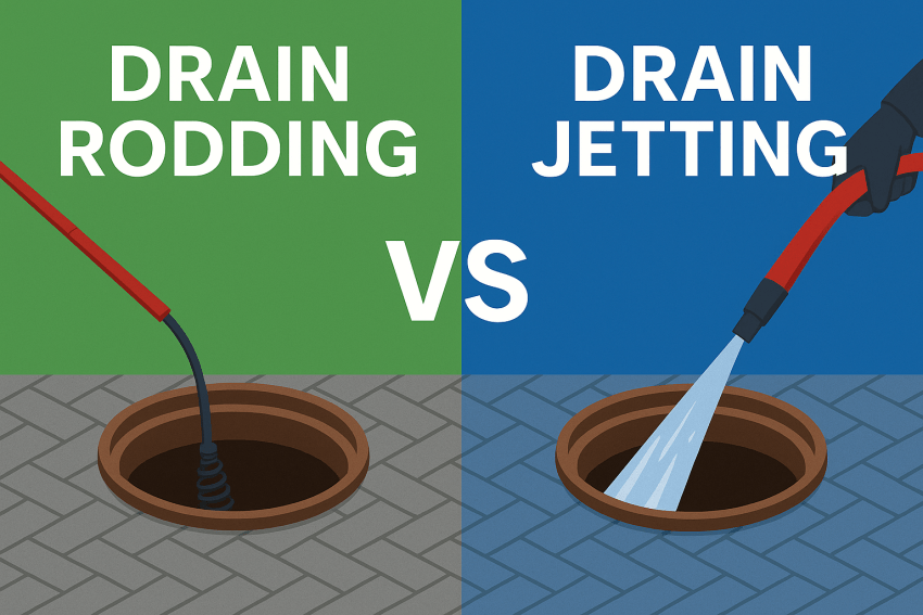 Side-by-side illustration comparing drain rodding and high-pressure jetting methods for clearing blocked drains in Salisbury homes.