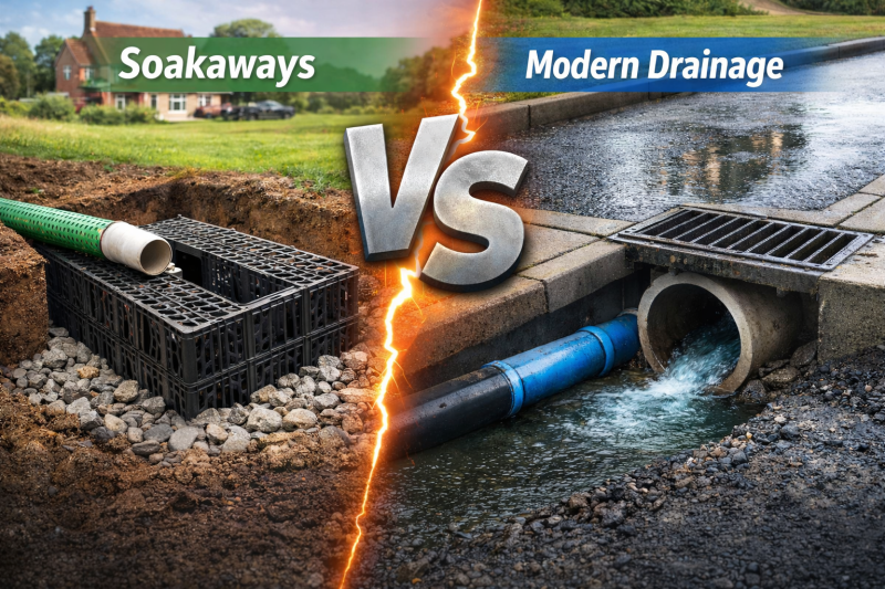 Side-by-side comparison of a traditional soakaway system and modern surface water drainage in Salisbury, showing realistic residential drainage solutions under similar conditions