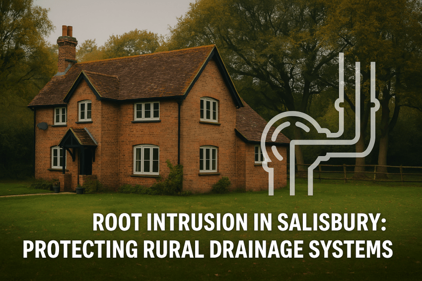 Rural Salisbury home with mature trees and a subtle drain overlay, illustrating root intrusion risks to drainage systems (featured image).