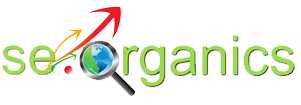 a logo with a magnifying glass and a red arrow