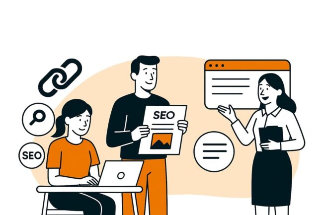 illustrazione per la creazione di contenuti SEO, con elementi visivi legati a backlink, copywriting e ottimizzazione.