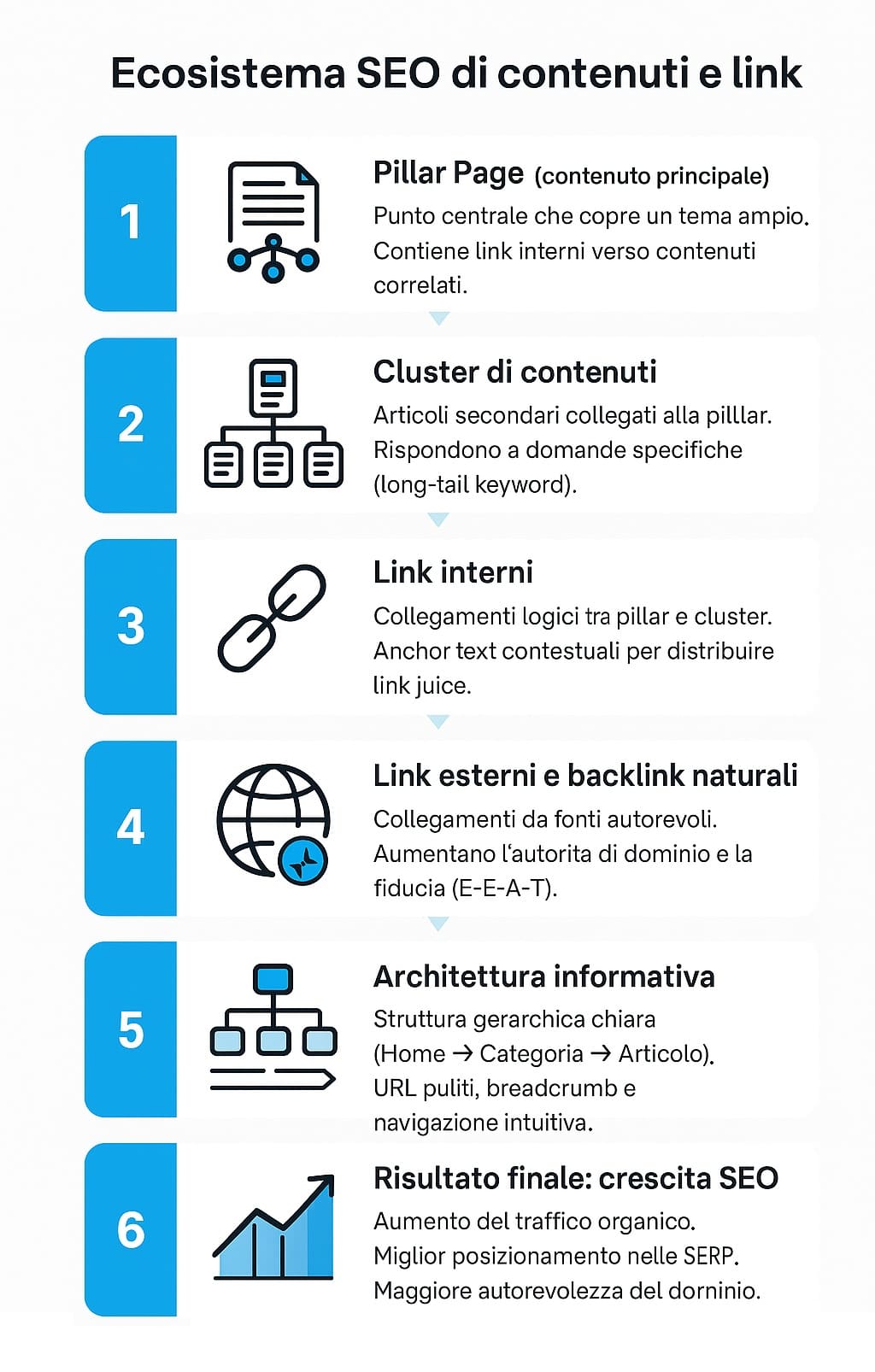 infografica ecosistema SEO con contenuti e link infografica verticale ecosistema seo con pillar page, cluster di contenuti, link interni ed esterni e crescita del traffico