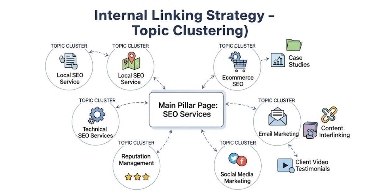 Infographic showing internal linking strategy using topic clustering, with a central pillar page connected to multiple supporting blog pages, including services like Local SEO, Ecommerce SEO, Technical SEO Services, Reputation Management, Email Marketing, and Social Media Marketing, plus visual cues for case studies and client video testimonials.