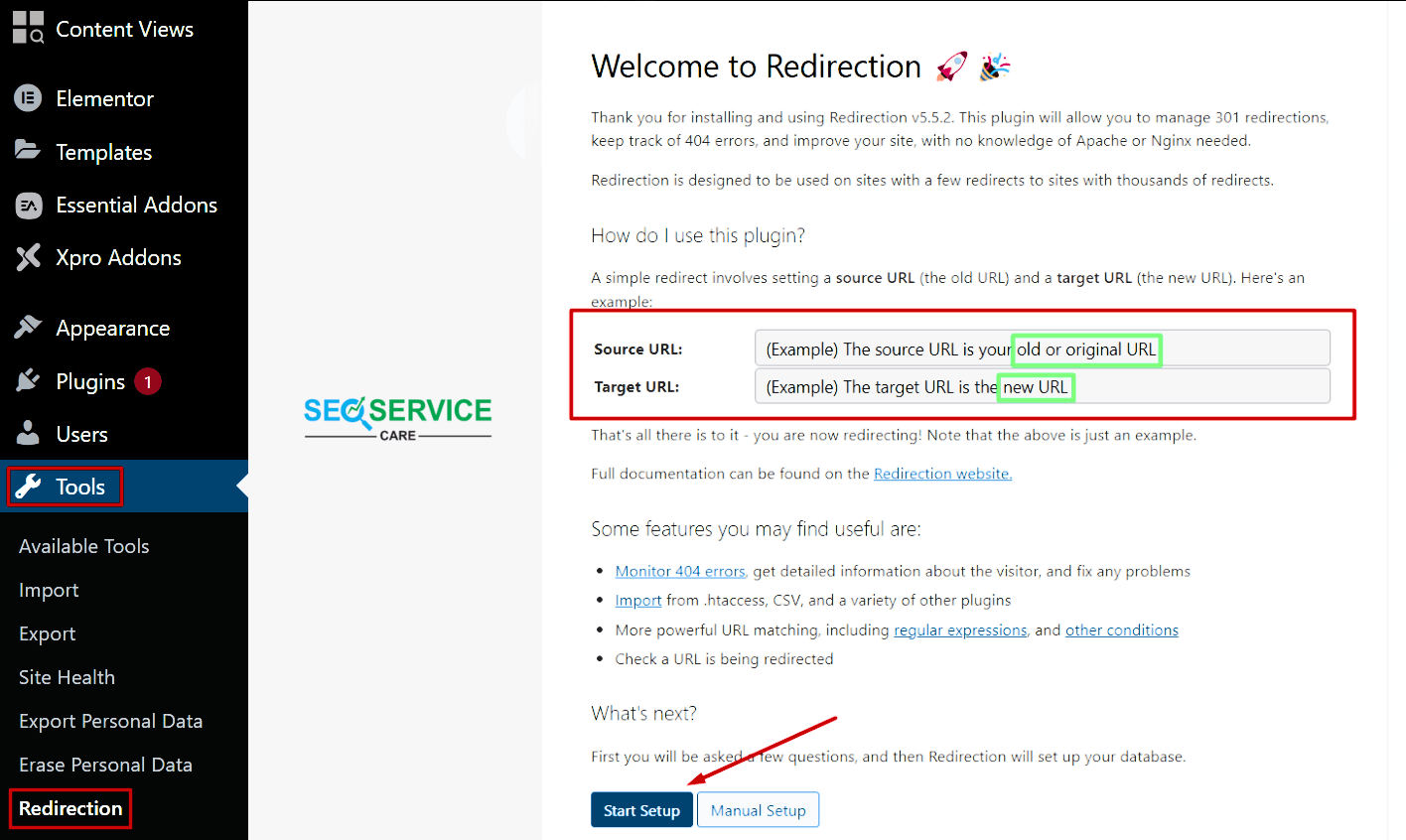 How to start the setup of Redirection