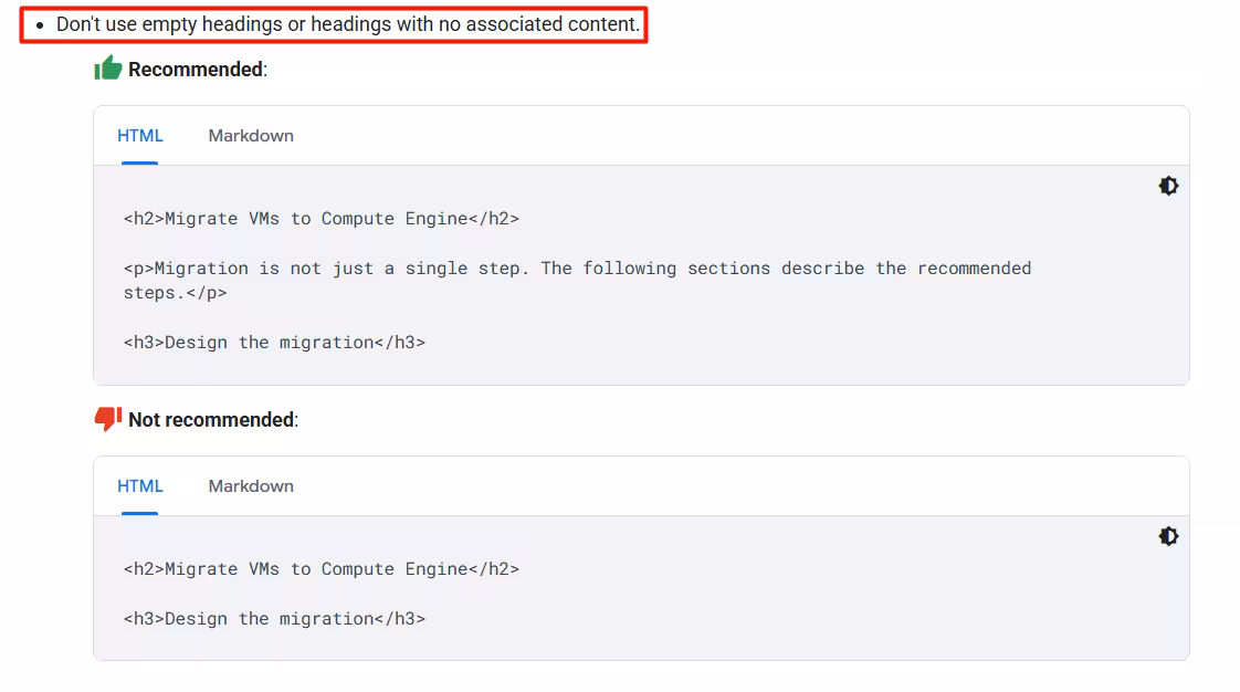 google recommendation about header tags