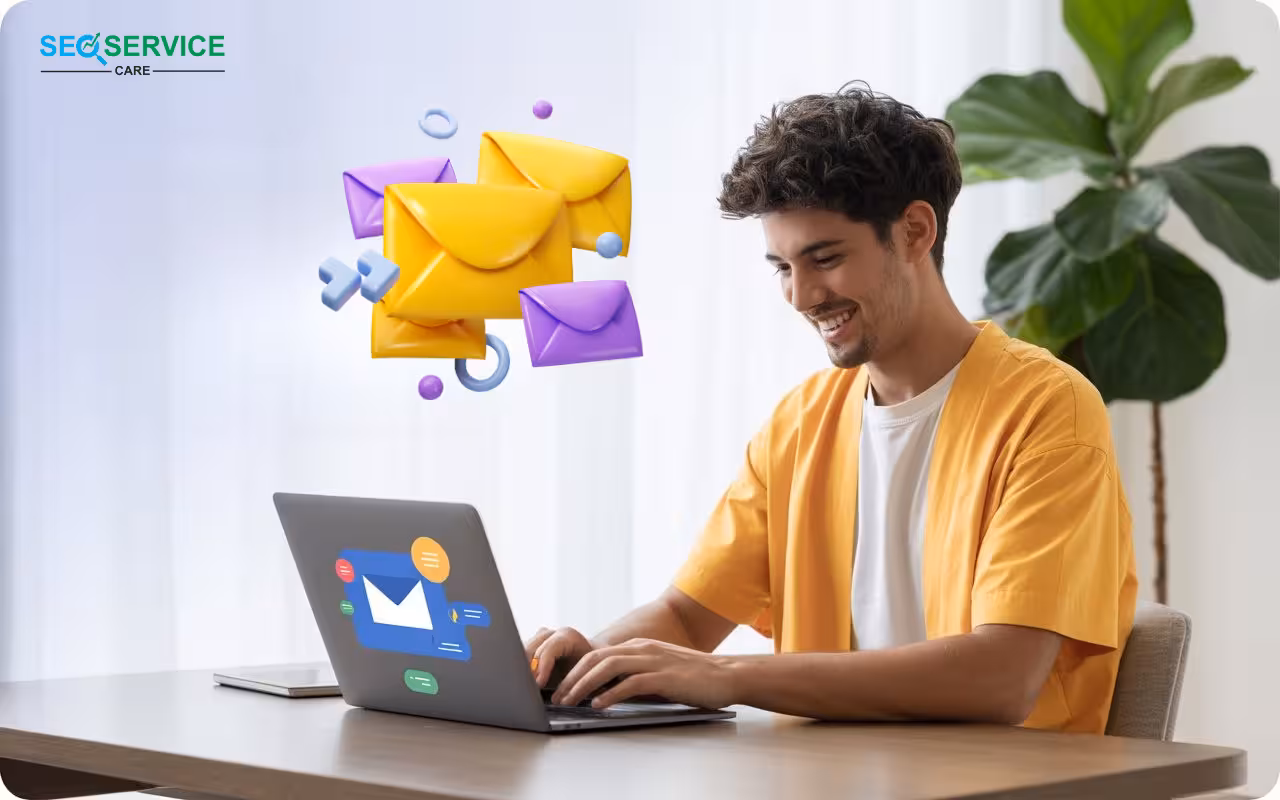 A laptop is in front of a man and he, the man is very happy because he has been able to successfully use email marketing trends.