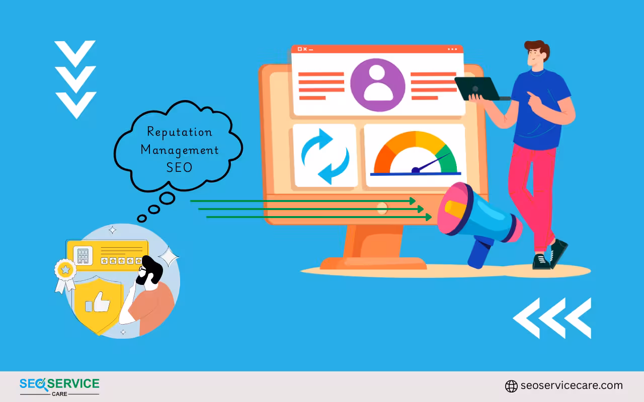 A digital illustration featuring the phrase "Reputation Management SEO" displayed artistically on a colorful backdrop, emphasizing a contemporary design style.