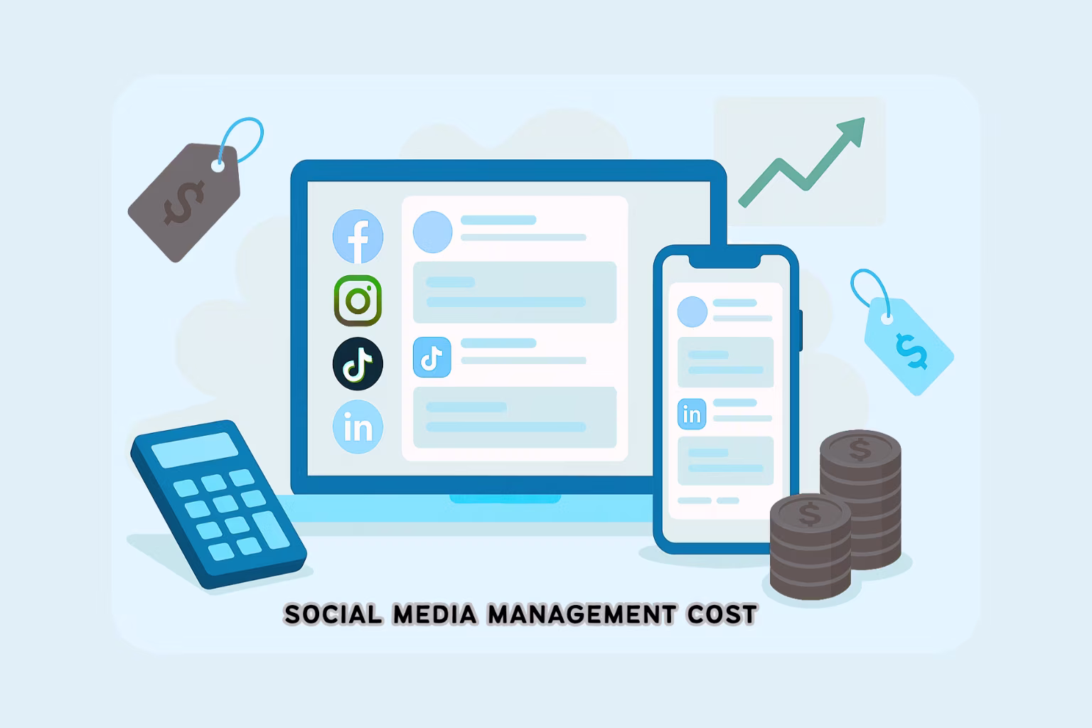 Illustration of social media management cost concept showing analytics charts, graphs, and social media platform icons like Facebook, Instagram, TikTok, LinkedIn, and Twitter, representing pricing and strategy in 2025.
