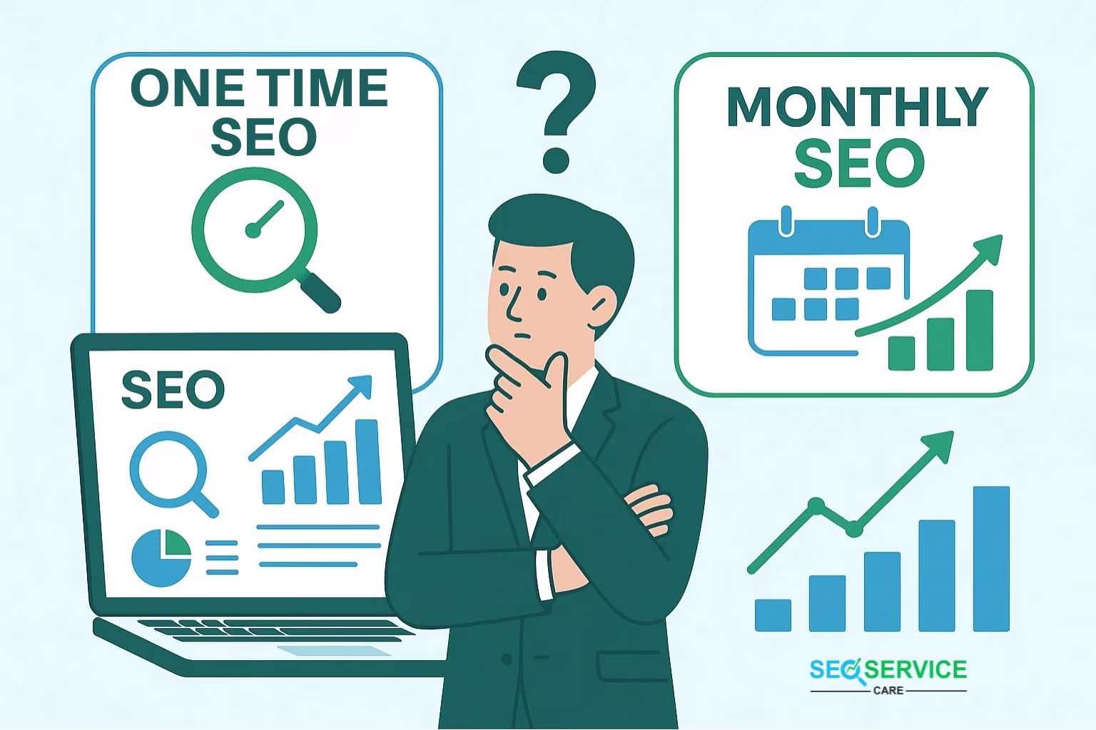 A person is trying to decide between one-time SEO and monthly SEO, looking confused with a question mark above their head. Each option is represented with icons like graphs, calendar, and magnifying glass, indicating analysis and growth.