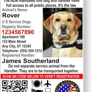 Just 4 Paws Custom Service Dog ID Card with QR Code & Security Seal and Optional Holograph