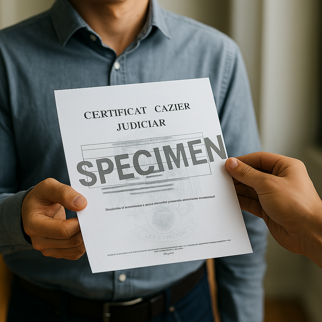 O persoană &icirc;nm&acirc;nează altei persoane un certificat de cazier judiciar rom&acirc;n cu mențiunea "SPECIMEN.