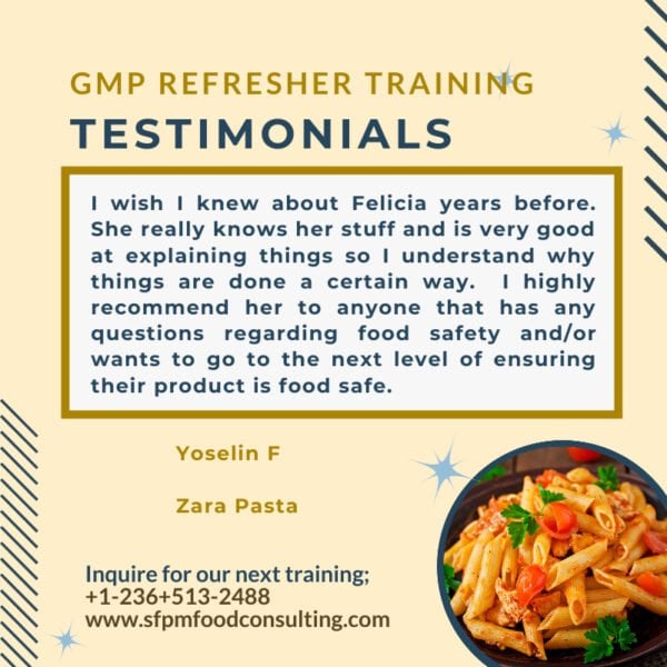 Feedback from Yoselin F for SFPM's GMP Refresher Training