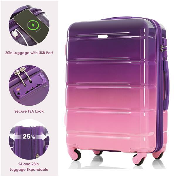 Luggage Set Of 3, 20-inch With USB Port, Airline Certified Carry-on Luggage With Cup Holder, ABS,PC Hard Shell Luggage With Spinner Wheels, Purple And Pink - Image 4