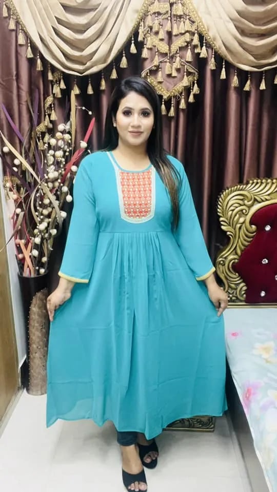 Semi Long Gown - Jorjet Fabric with Neck Embroidery