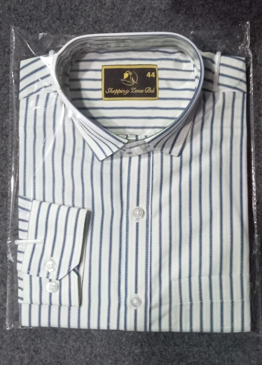 Full Sleeve Men's White Color Navy Blue Stripe Shirt | Shopping Zone BD | Style #SM1850W