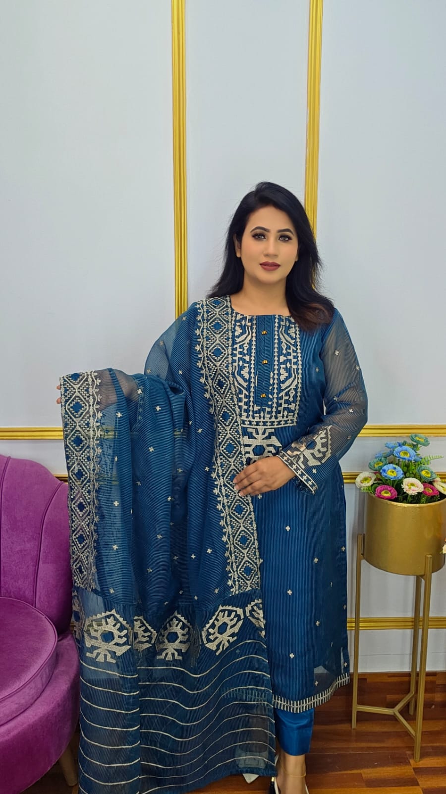 Royal Blue Color Quota Muslin Jamdani Four Piece