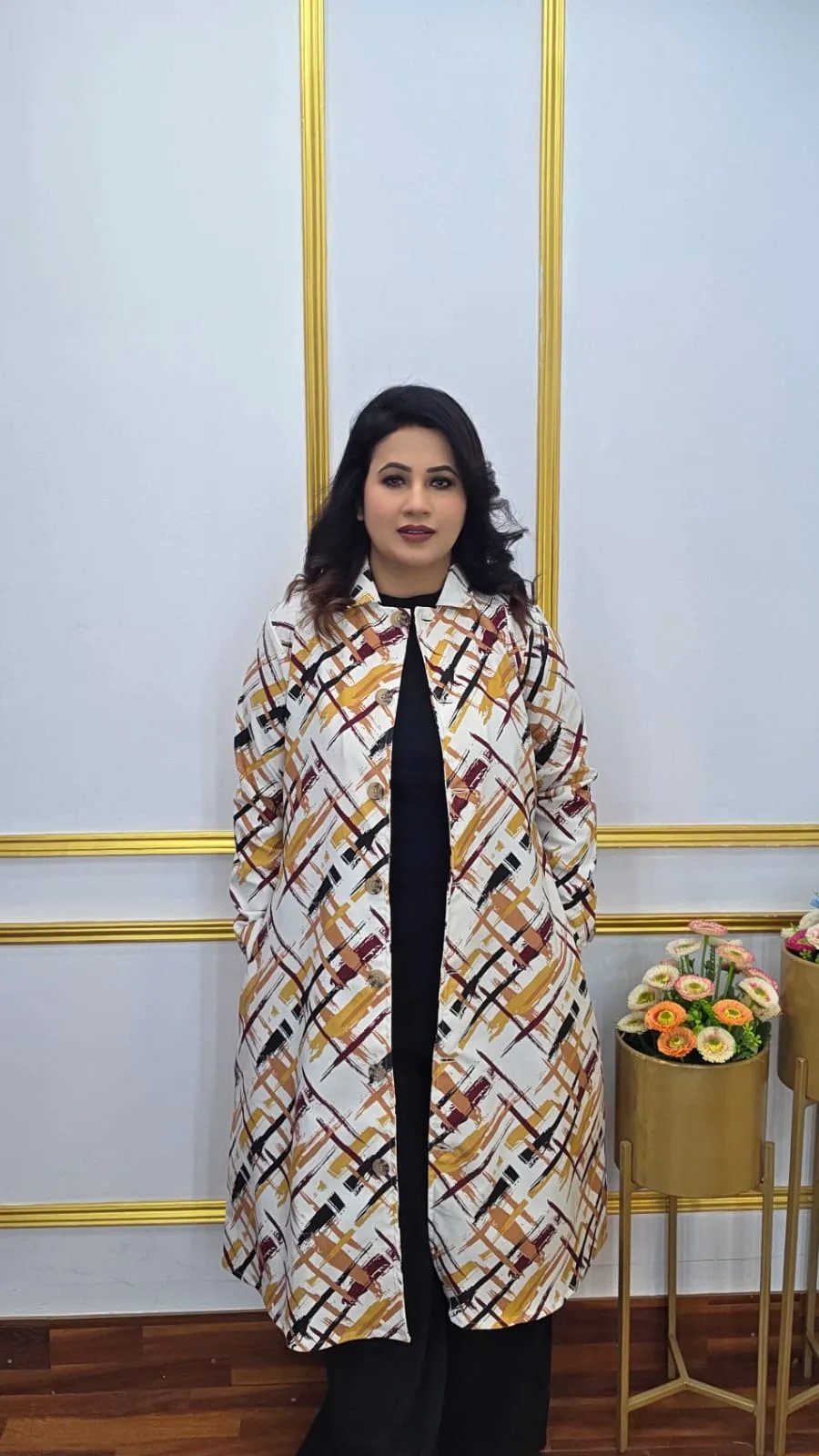 Women's Long Blazer with Abstract Brush-Stroke Print