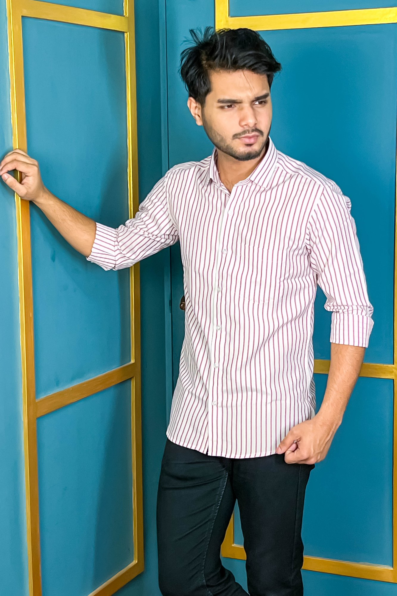 Men's White Color Stripe Shirt Full Sleeve  | Shopping Zone BD | Style #SM1850R