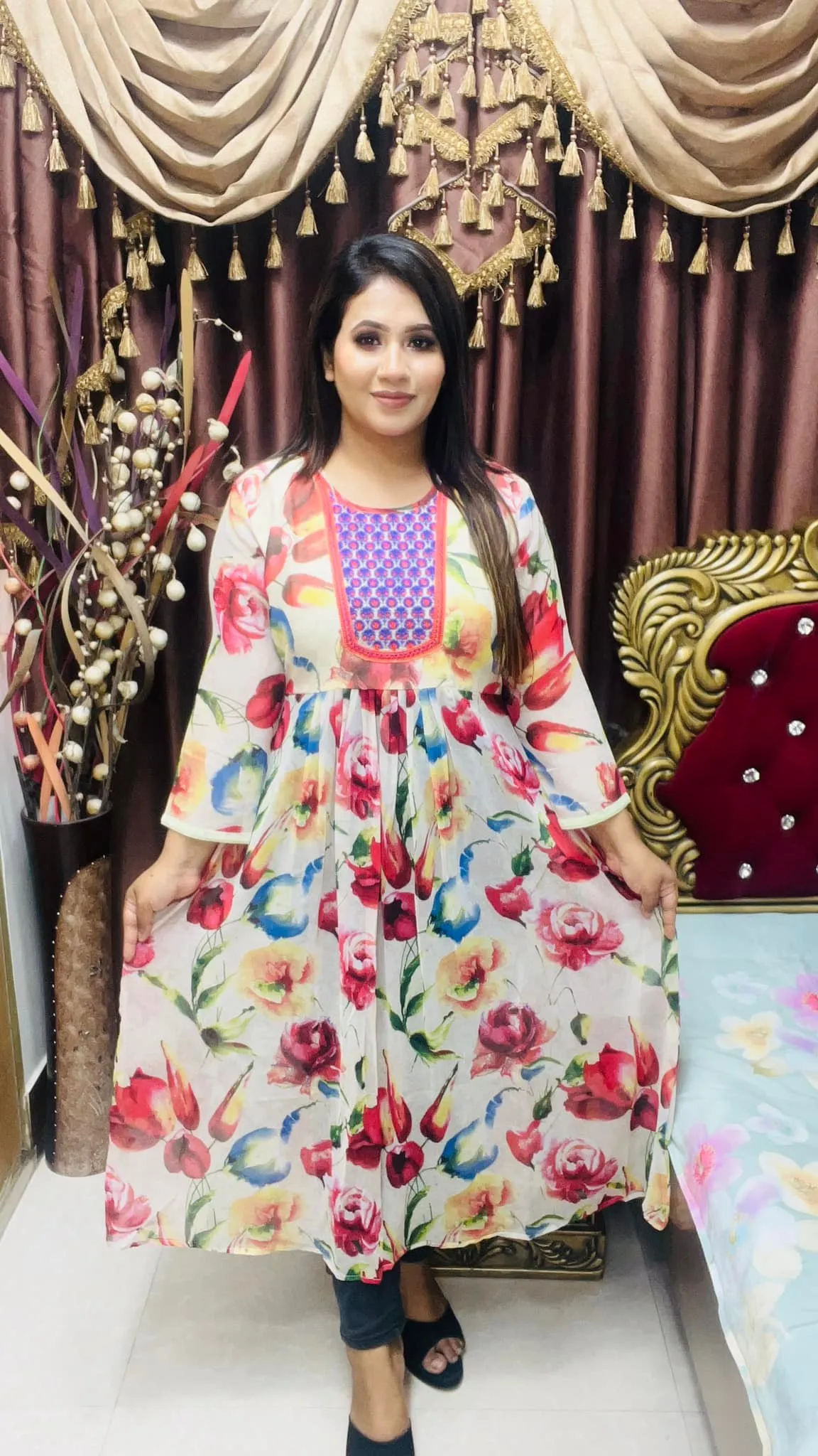 Semi Long Gown | Jorjet Fabric with Neck Embroidery