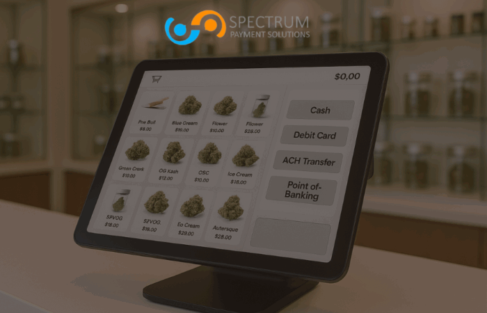 Cannabis payment processing POS system with multiple payment options - cash, debit, ACH, and point-of-banking solutions for dispensary transactions