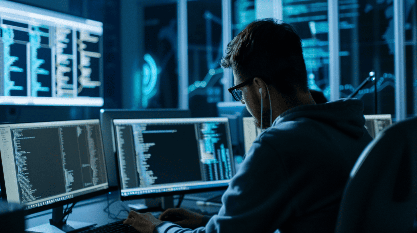 A man is conducting a cyber security risk assessment on a computer screen in a dark room.
