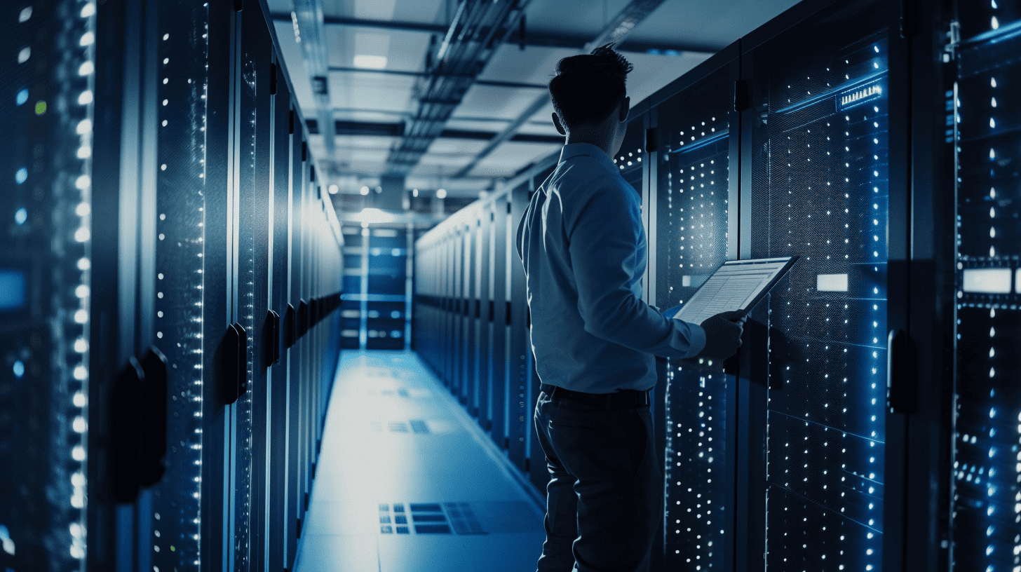 A man standing in a server room of a managed services provider.