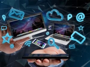 content image Devices like smartphone tablet or computer flying over connection network and app 3d render 300x225