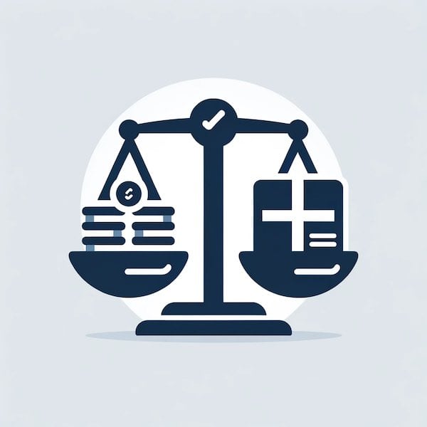 A balance scale with a stack of money and a check on it.