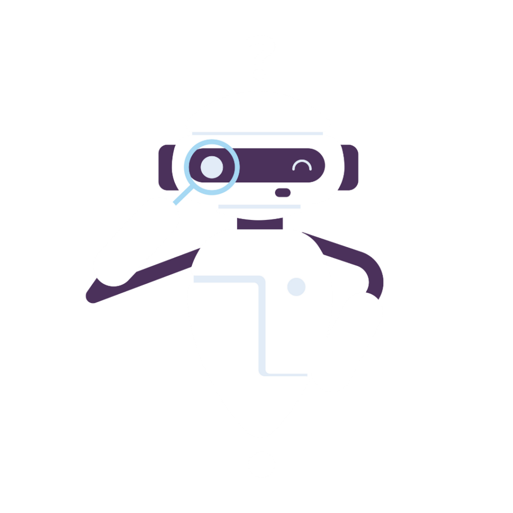 Curious robot with magnifying glass and question mark