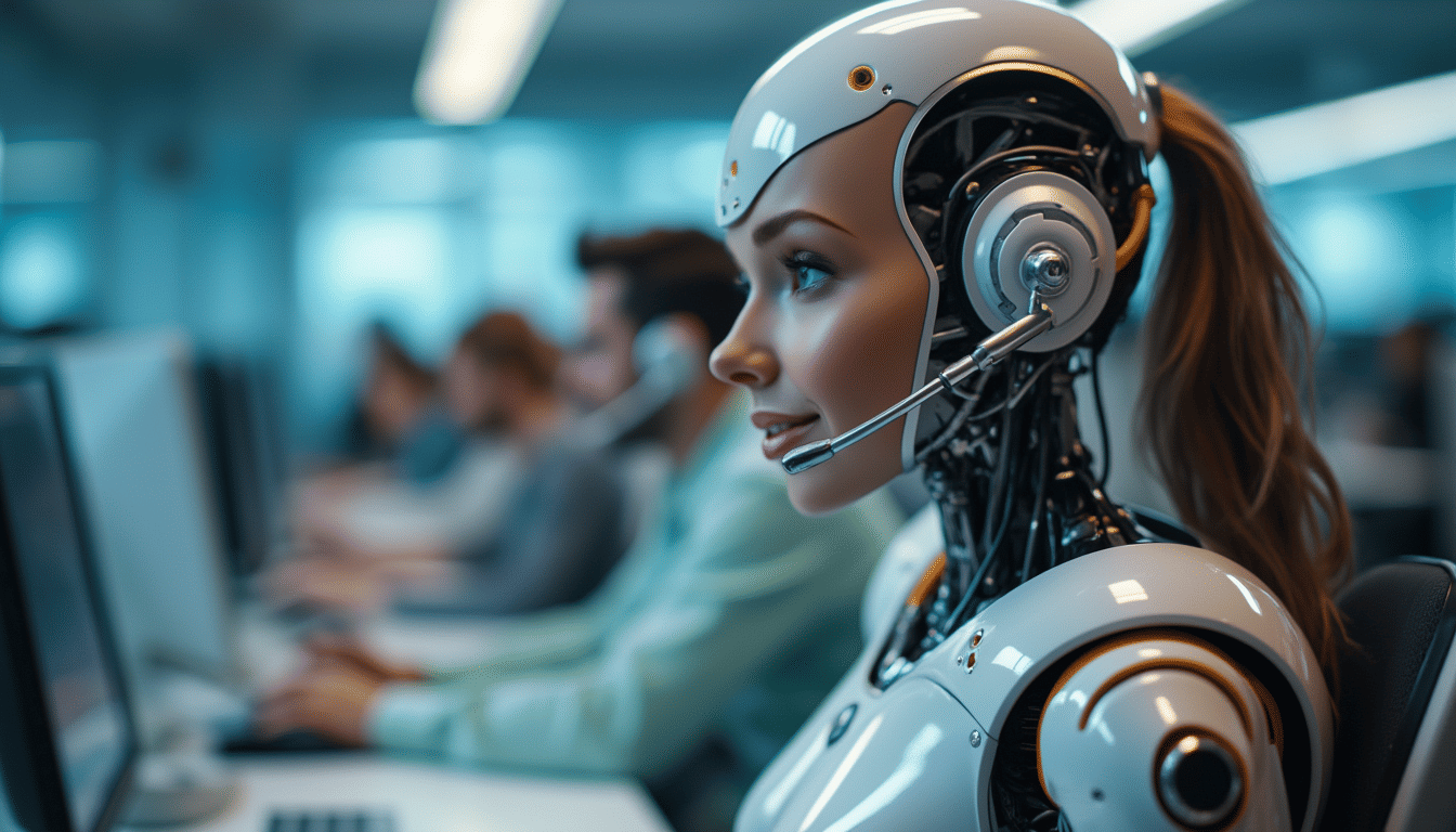 Female robot with headset in modern office