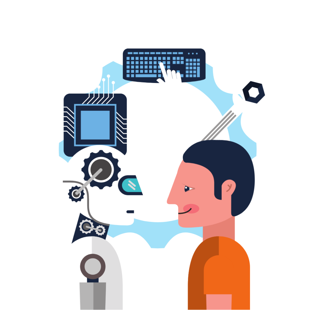 Illustration of human interacting with humanoid robot